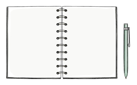 Notebook and green pen vector hand drawn art illustrationのイラスト素材