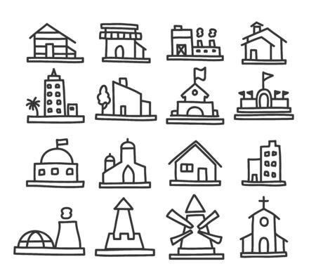 Building and real estate icons hand drawn line art set.のイラスト素材