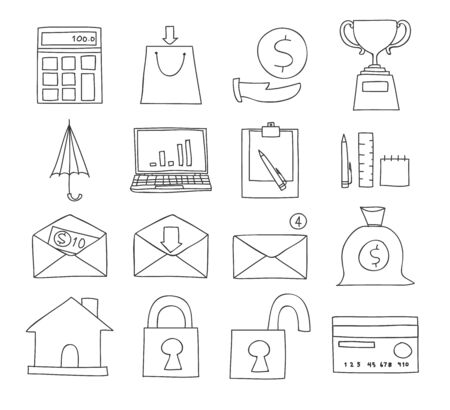 business thin icon hand drawn set vector line art illustrationのイラスト素材