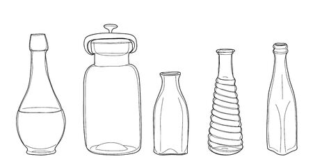 Bottles and jars vintage vector set hand drawn line art illustrationのイラスト素材