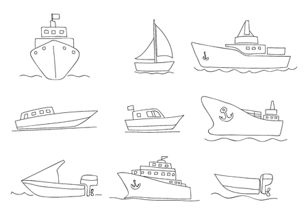 ships and boats thin line icons hand drawn vector set art illustration.のイラスト素材