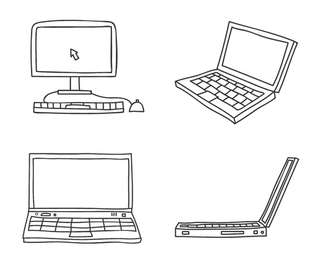 thin line  hand drawn  laptop and desktop computer art vector icon set illustrationのイラスト素材