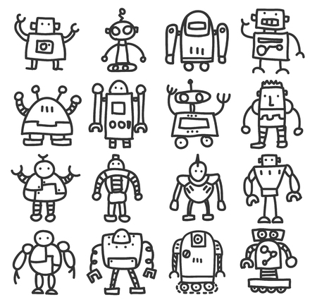 icon robot cute doodle hand drawn vector set art illustrationのイラスト素材