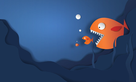 Big fish eat small fish vector paper cut and copy space cute art illustrationのイラスト素材