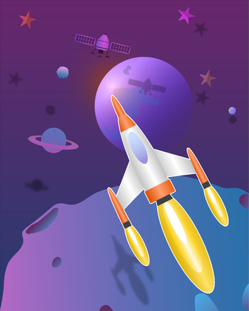 Space rocket flying  in the universe cute  art vector paper art  illustrationのイラスト素材