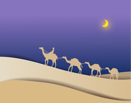 Men take a camels across the desert at night vector paper art paper cut illustrationのイラスト素材