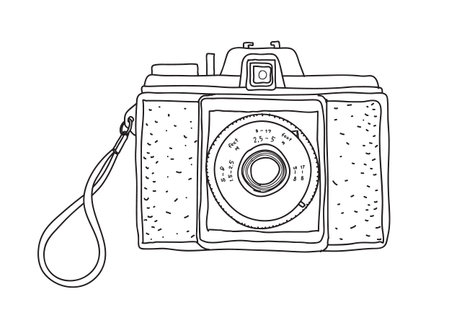 Hand drawn vintage camera in black and white vector line art illustration