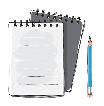black notebook and blue pencil hand drawn vector art illustrationのイラスト素材