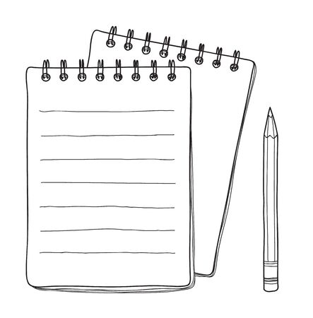 notebook and  pencil hand drawn vector line art illustrationのイラスト素材
