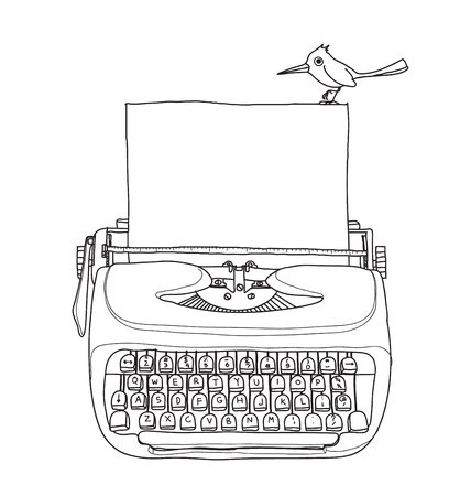vintage  typewriter portable retro with paper and bird  hand drawn vector line art illustrationのイラスト素材