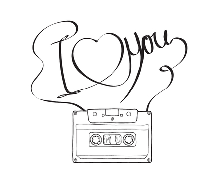 Compact Cassette or Musicassette and  hand drawn i love you , cassette tape, audio cassette with analog magnetic tape vector illustration line artのイラスト素材