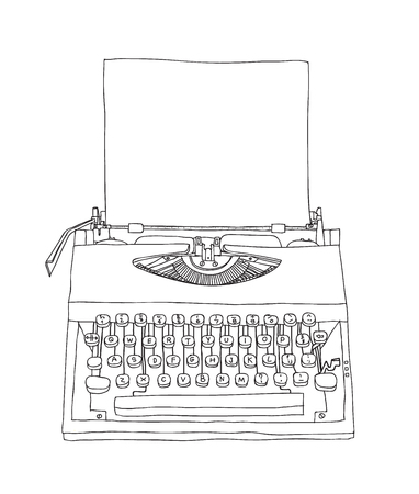 Typewriter old hand drawn with paper cute line art illustrationのイラスト素材