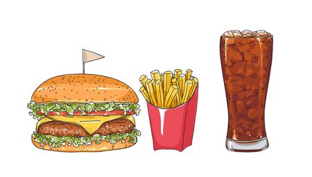 hamburger set. glasses  hand drawn style art Vector illustrationのイラスト素材