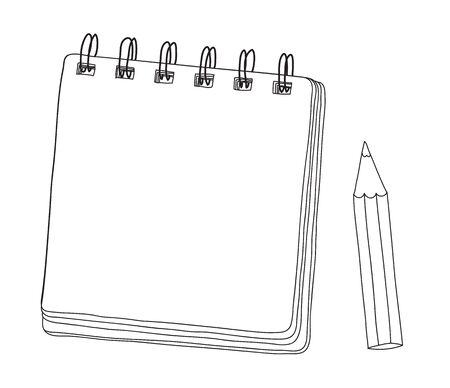 mini notebook and  pencil hand drawn cut line art vector illustrationのイラスト素材
