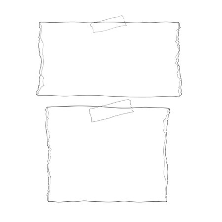 Ripped notebook paper hand drawn stuck wiht sticky tape cute line art Vector illustrationのイラスト素材