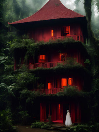 A white ghost in front of a red house in the rainforest Cinematic daylight generative ai illustrationの素材