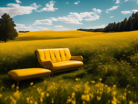 Yellow leather sofa in a field of flowers Cinematic daylight generative ai illustration artの素材