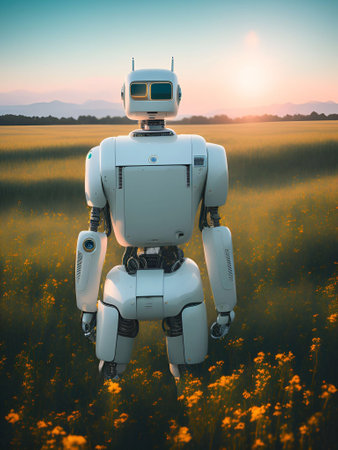 Artificial intelligence robot working in meadow daylight generative ai illustration artの素材