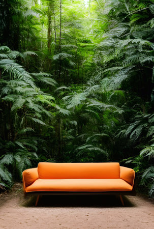 Orange sofa in the green forest. Concept of relaxation and relaxation.の素材