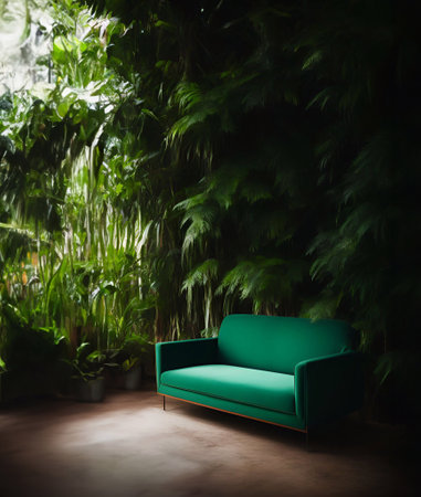 Green sofa in the living room with tropical plants in the background.の素材