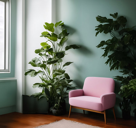Interior of living room with pink armchair and plants. 3d renderの素材