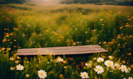 Wooden table in the meadow with daisies, retro tonedの素材