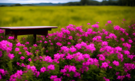 Wooden table in the meadow with pink flowers. Selective focus.の素材
