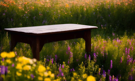 Wooden table in a meadow with wildflowers at sunsetの素材