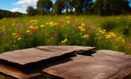 Wooden table in the meadow with colorful flowers, selective focusの素材