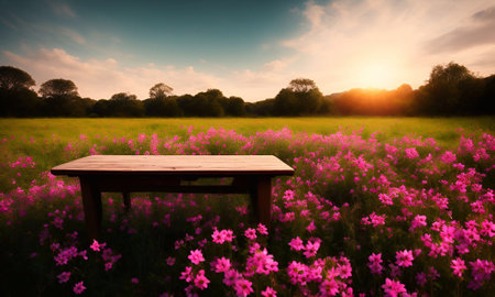 Empty wooden table in front of pink cosmos flowers field during sunset timeの素材