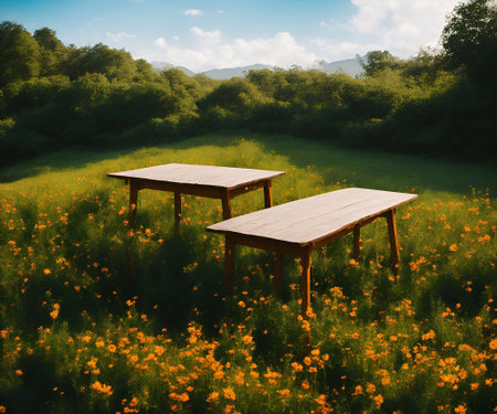 Wooden table and chairs in a meadow with yellow flowers.の素材