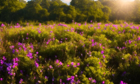 Purple flowers on a meadow at sunset. Beautiful summer landscape.の素材