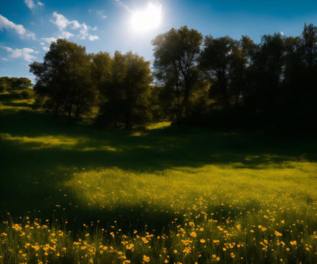 Sunset in the meadow with yellow flowers and trees in the backgroundの素材