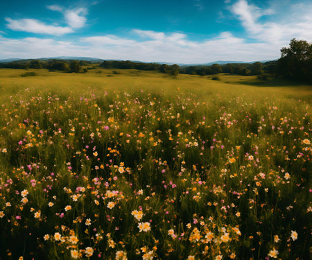 Beautiful meadow with wildflowers on the background of blue skyの素材