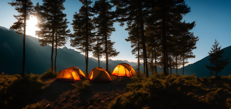 mountain camping tent Cinematic daylight generative ai illustration artの素材