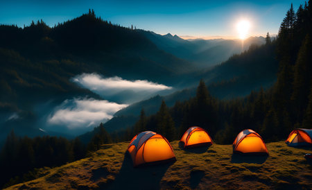mountain camping tent Cinematic daylight generative ai illustration artの素材