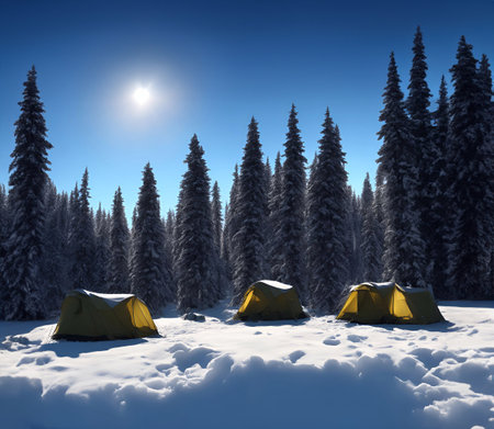 mountain camping tent Cinematic daylight generative ai illustration artの素材