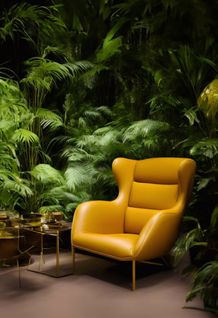 leather sofa armchair and rainforest plant soft Cinematic daylight generative ai illustrationの素材
