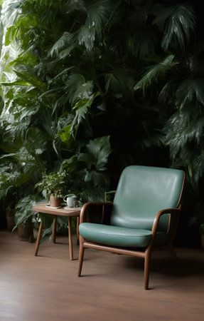 leather sofa armchair and rainforest plant soft Cinematic daylight generative ai illustrationの素材