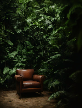 leather sofa armchair and rainforest plant soft Cinematic daylight generative ai illustrationの素材