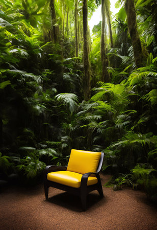 leather sofa armchair and rainforest plant soft Cinematic daylight generative ai illustrationの素材