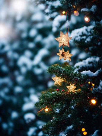 Christmas Day, Christmas tree decorations gifts star ball color snowman background closeup in a snow pine forest evening lighting illustration generative aiの素材
