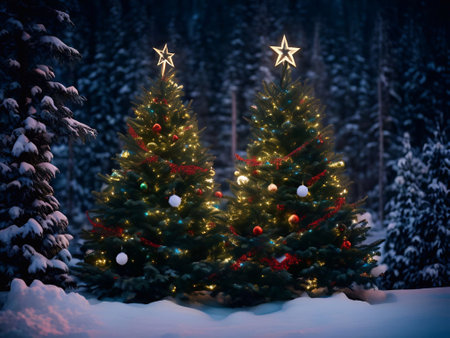 Christmas Day, Christmas tree decorations gifts star ball color snowman background closeup in a snow pine forest evening lighting illustration generative aiの素材