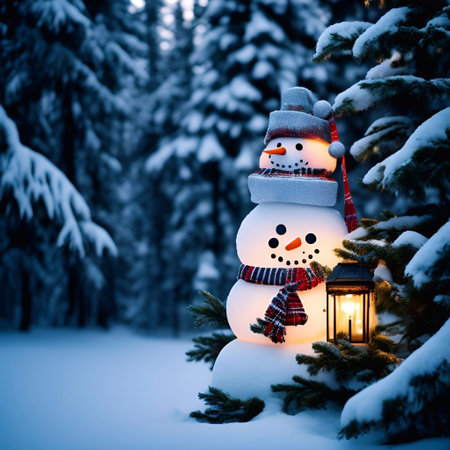 Christmas Day, Christmas tree decorations gifts star ball color snowman background closeup in a snow pine forest evening lighting illustration generative aiの素材