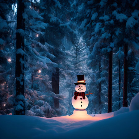 Christmas Day, Christmas tree decorations gifts star ball color snowman background closeup in a snow pine forest evening lighting illustration generative aiの素材
