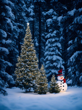 Christmas Day, Christmas tree decorations gifts star ball color snowman background closeup in a snow pine forest evening lighting illustration generative aiの素材