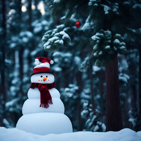 Christmas Day, Christmas tree decorations gifts star ball color snowman background closeup in a snow pine forest evening lighting illustration generative aiの素材