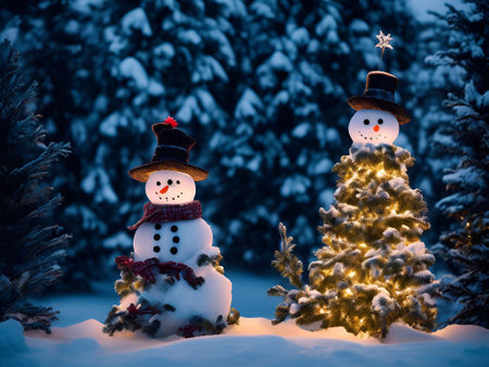 Christmas Day, Christmas tree decorations gifts star ball color snowman background closeup in a snow pine forest evening lighting illustration generative aiの素材