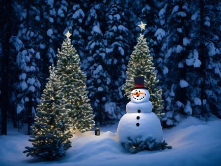 Christmas Day, Christmas tree decorations gifts star ball color snowman background closeup in a snow pine forest evening lighting illustration generative aiの素材