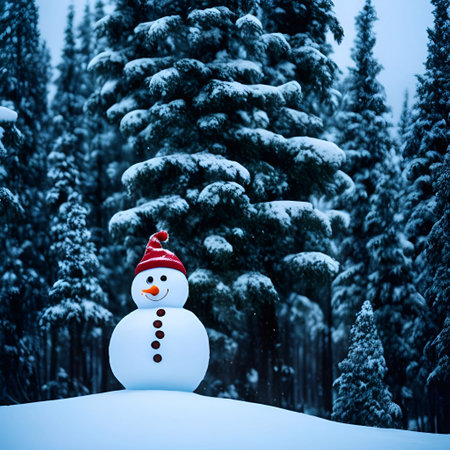 Christmas Day, Christmas tree decorations gifts star ball color snowman background closeup in a snow pine forest evening lighting illustration generative aiの素材